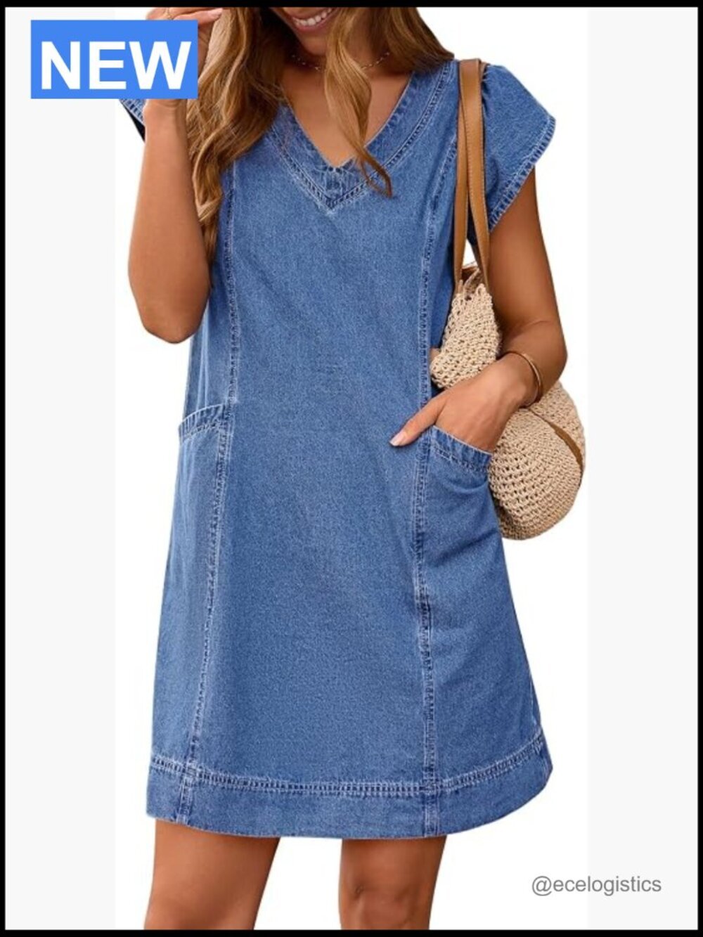 Denim Mini Dress Short Sleeve V Neck Loose Shift Dress with Pockets
